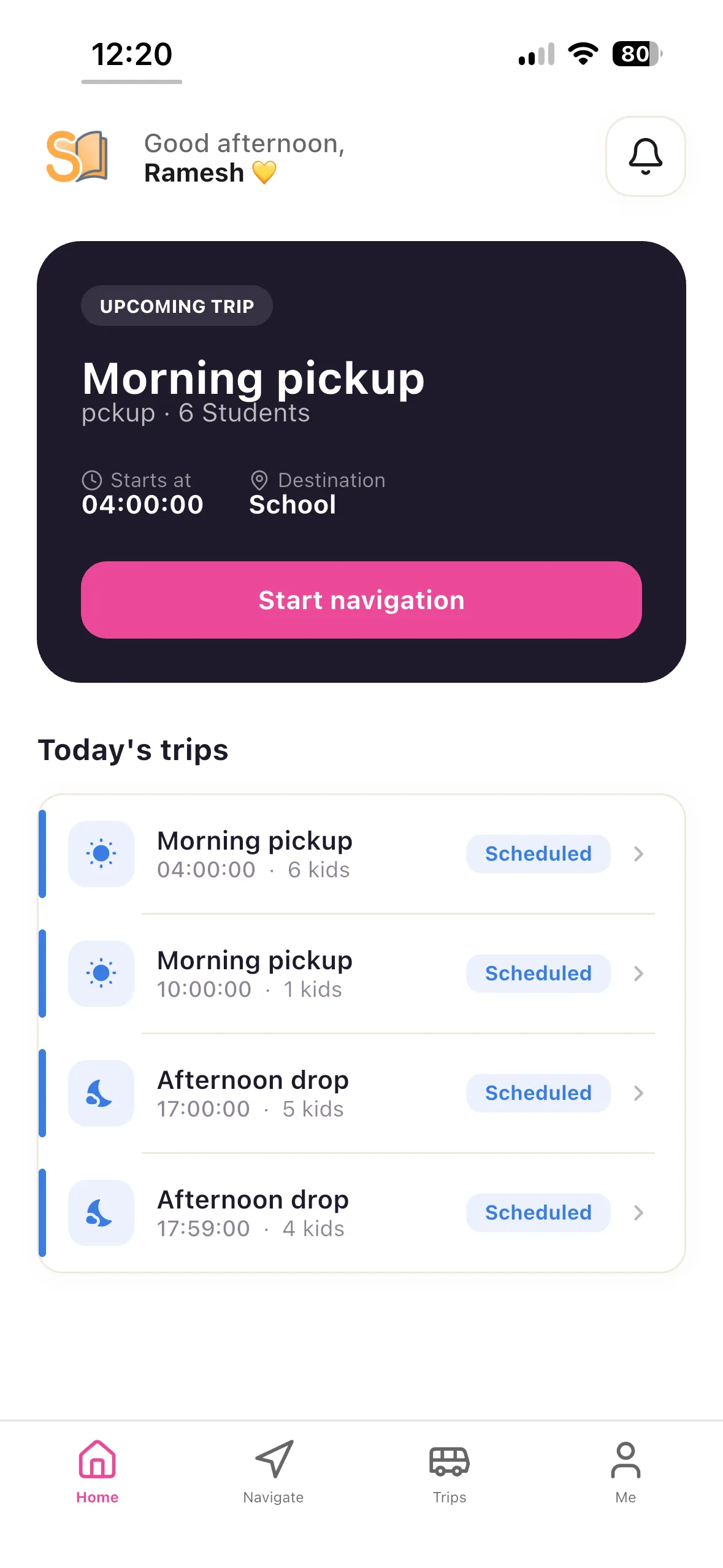 SchoolWay driver app showing live route, stops and student pickup status