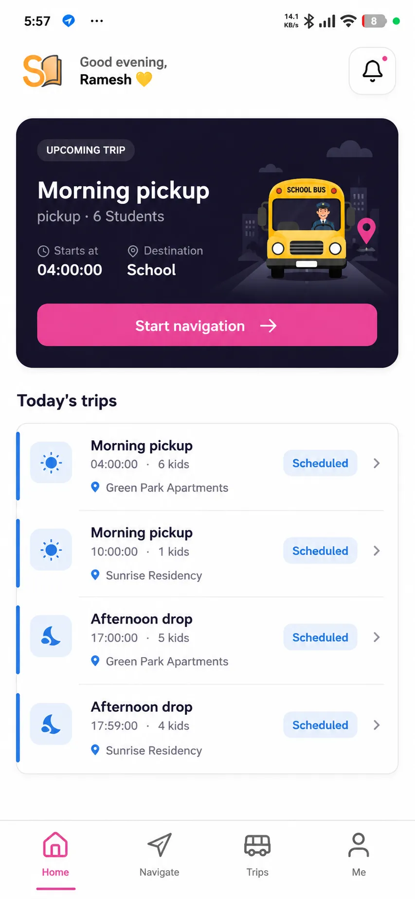 SchoolWay driver hub showing upcoming trips, morning pickup schedule and today's trip list