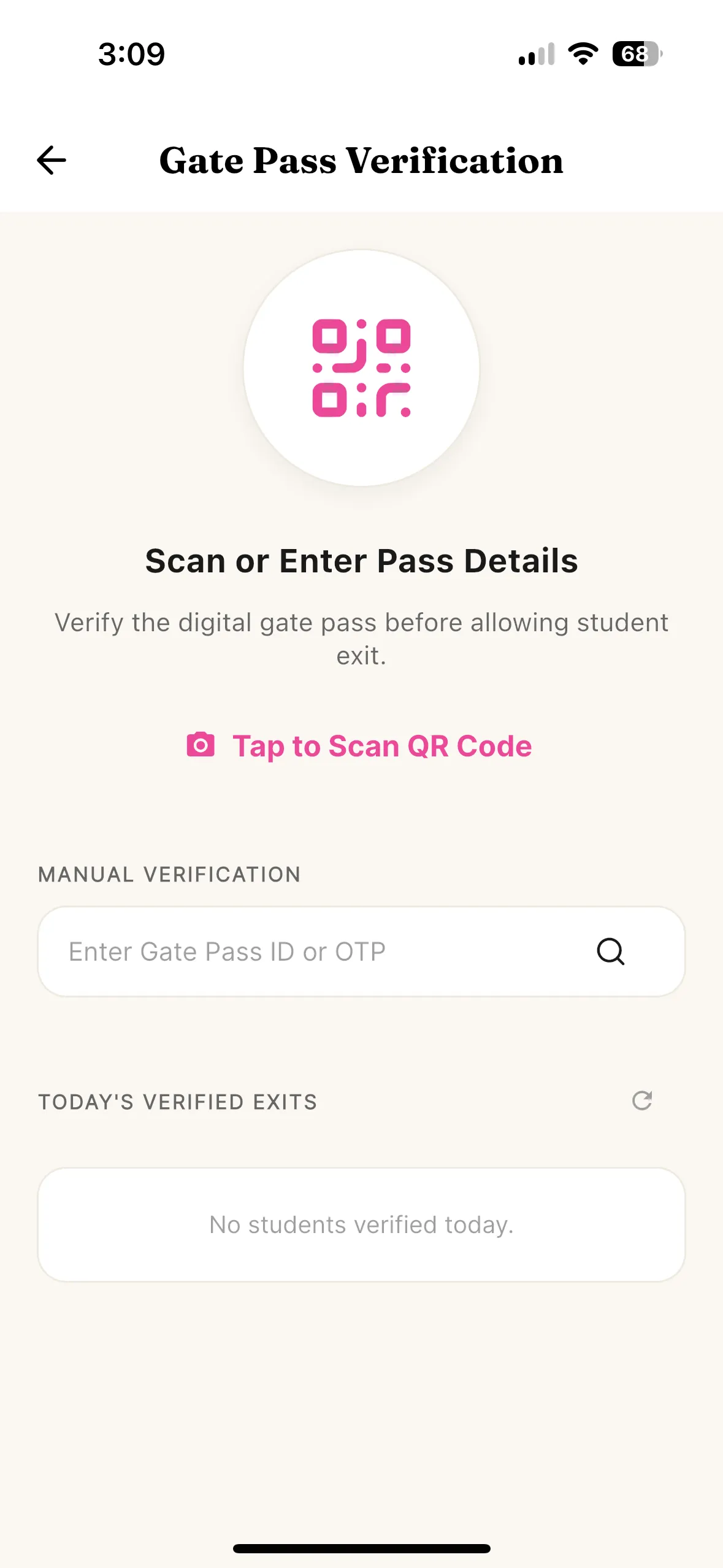 SchoolWay gate pass security app showing QR code, OTP and early pickup verification