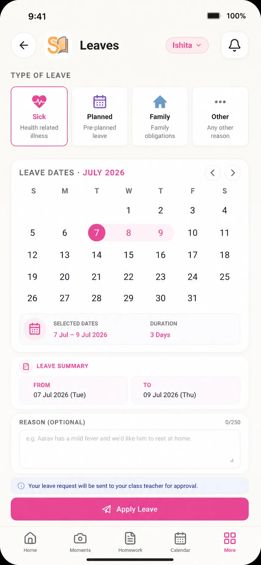 SchoolWay staff leave balances showing sick, casual and earned leave tracking with accrual engine