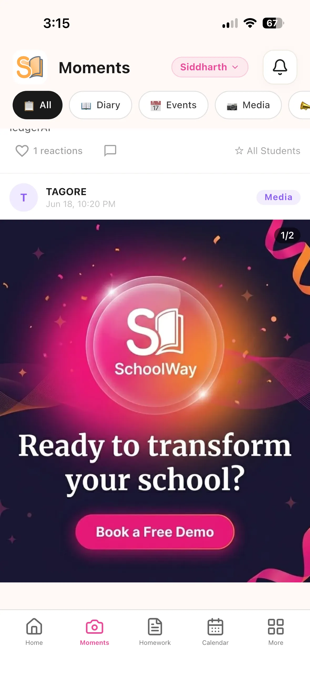 SchoolWay moments app showing daily classroom updates, photos and parent reactions