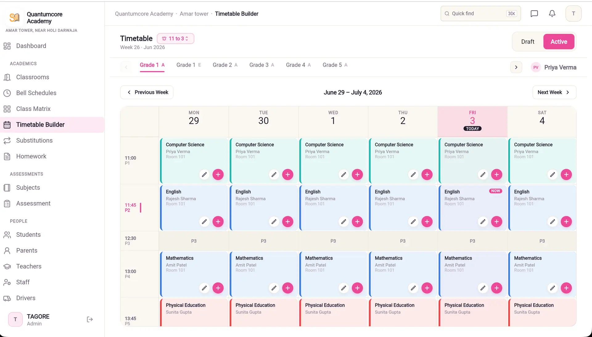 SchoolWay drag-and-drop timetable builder showing periods, teachers and clash detection